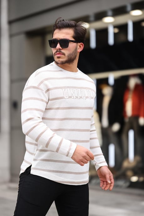 Unique Baskılı Çizgili Erkek Sweatshirt - Bej