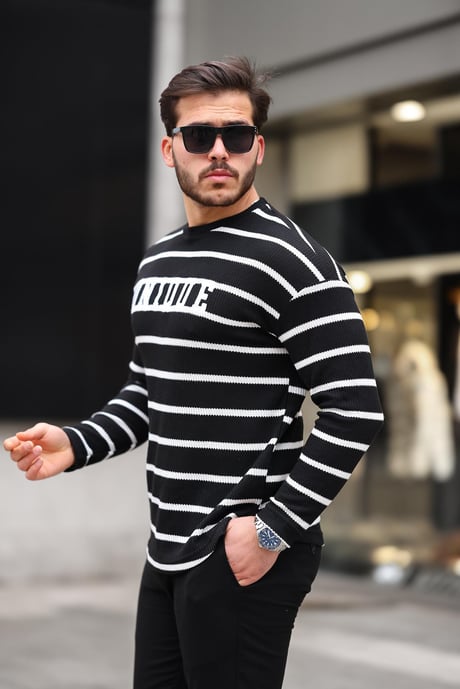 Unique Baskılı Çizgili Erkek Sweatshirt - Siyah