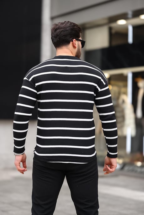 Unique Baskılı Çizgili Erkek Sweatshirt - Siyah