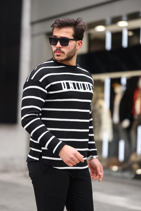 Unique Baskılı Çizgili Erkek Sweatshirt - Siyah