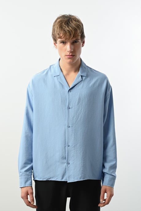 Viskon Dikey Çizgili Rahat Kalıp Erkek Gömlek - Mavi