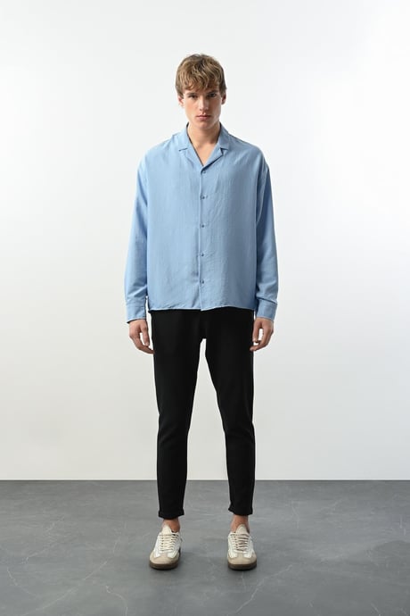 Viskon Dikey Çizgili Rahat Kalıp Erkek Gömlek - Mavi