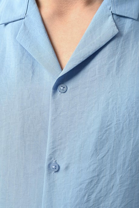 Viskon Dikey Çizgili Rahat Kalıp Erkek Gömlek - Mavi