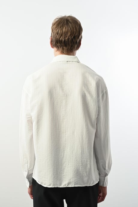 Viskon Dikey Çizgili Rahat Kalıp Erkek Gömlek - Beyaz