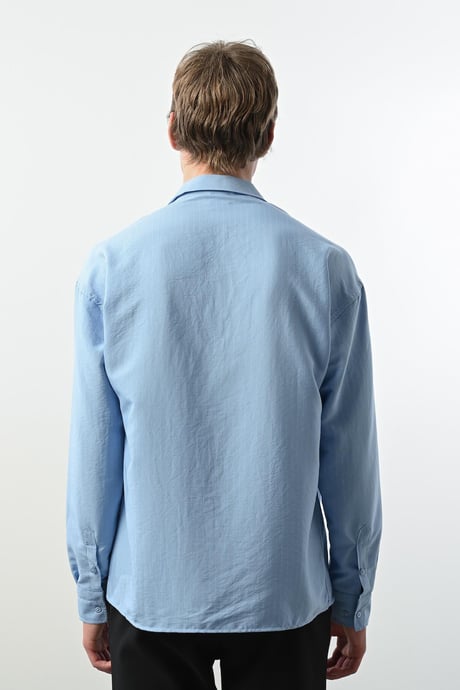 Viskon Dikey Çizgili Rahat Kalıp Erkek Gömlek - Mavi