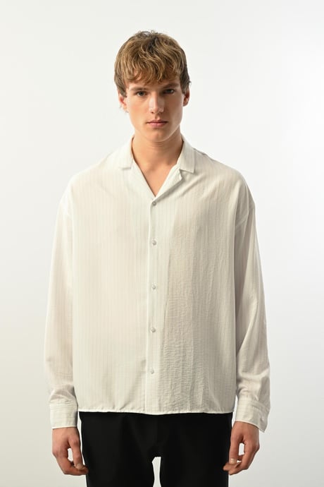 Viskon Dikey Çizgili Rahat Kalıp Erkek Gömlek - Beyaz