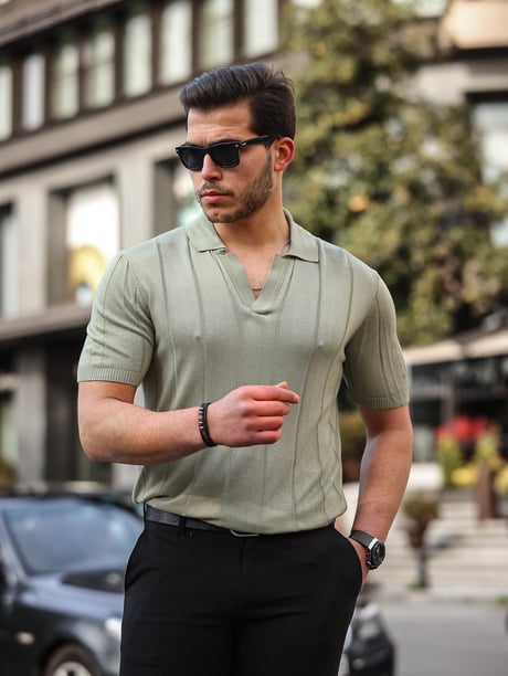 Viskon V Yaka Rahat Triko - Haki