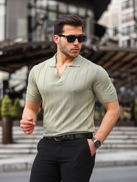 Viskon V Yaka Rahat Triko - Haki