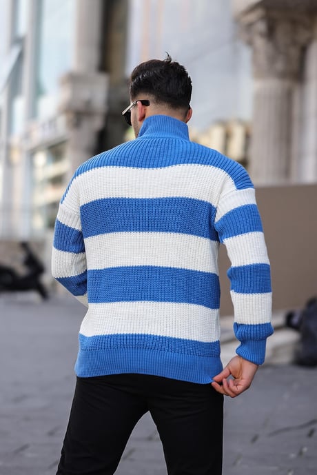 Yarım Fermuar Çizgili Triko Kazak - Mavi