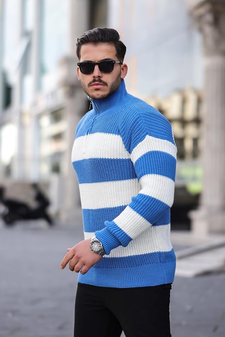 Yarım Fermuar Çizgili Triko Kazak - Mavi