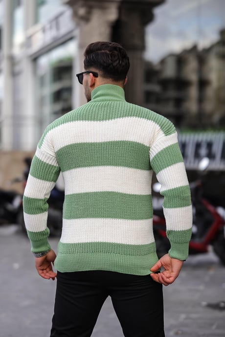 Yarım Fermuar Çizgili Triko Kazak - Yeşil