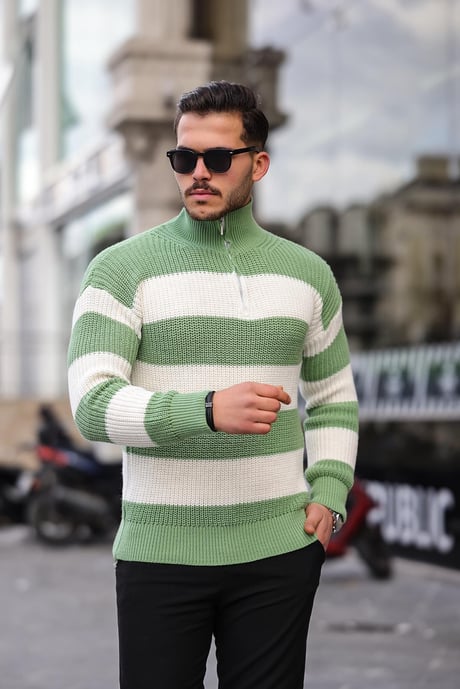 Yarım Fermuar Çizgili Triko Kazak - Yeşil