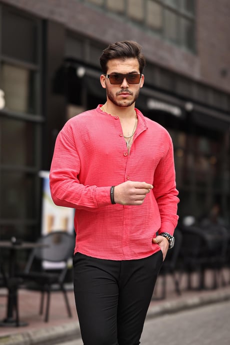 Yarım Pat Hakim Yaka Oversize Müslin Kumaş Gömlek- Kırmızı