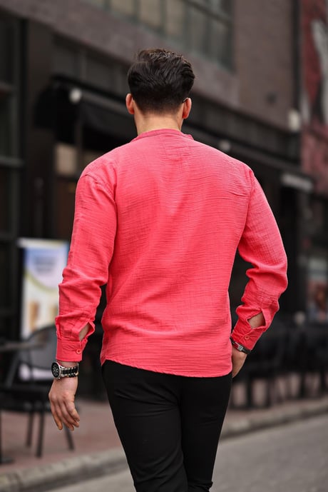 Yarım Pat Hakim Yaka Oversize Müslin Kumaş Gömlek- Kırmızı