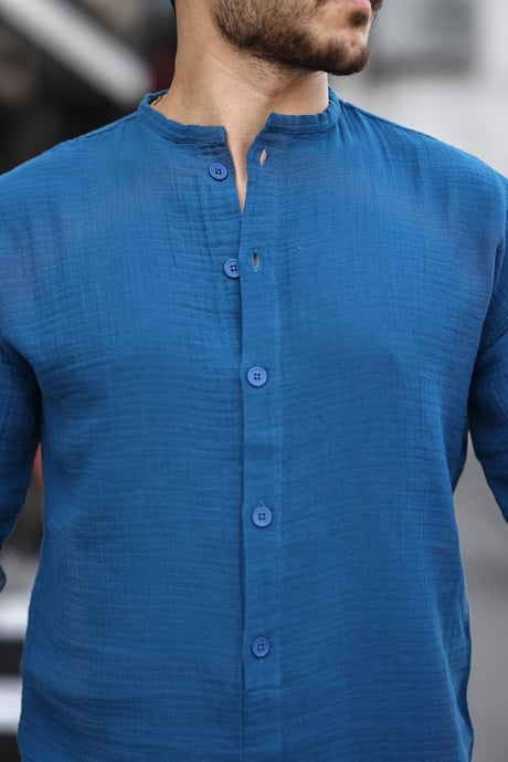 Yarım Pat Hakim Yaka Oversize Müslin Kumaş Gömlek -İndigo 