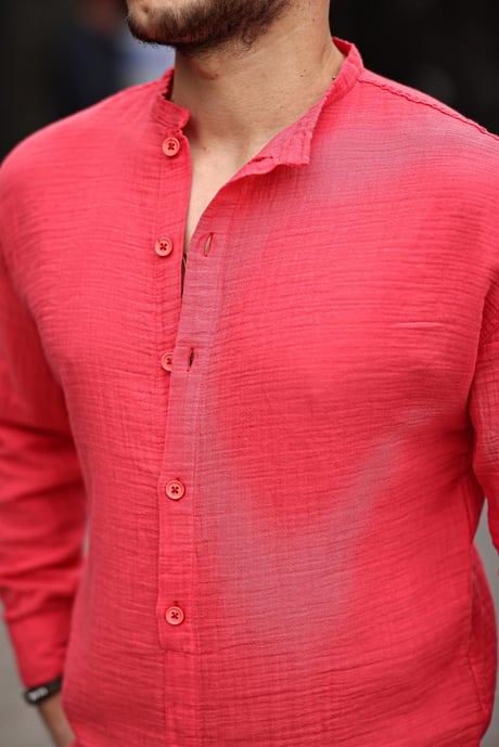 Yarım Pat Hakim Yaka Oversize Müslin Kumaş Gömlek- Kırmızı