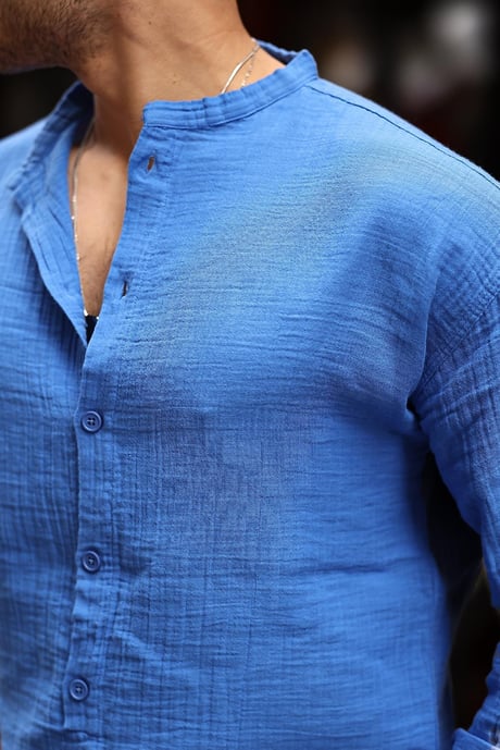 Yarım Pat Hakim Yaka Oversize Müslin Kumaş Gömlek - Parlament Mavisi