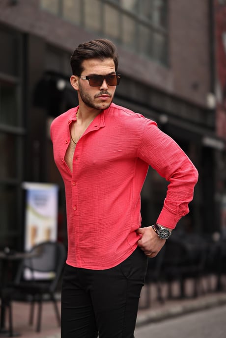 Yarım Pat Hakim Yaka Oversize Müslin Kumaş Gömlek- Kırmızı