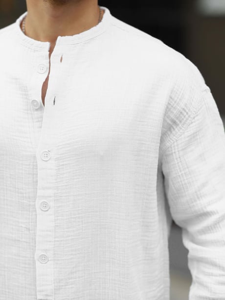 Yarım Pat Hakim Yaka Oversize Şile Bezi Gömlek - Beyaz