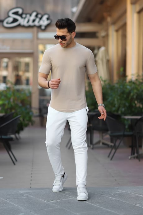 Zincir Detaylı Lastil Bel Örme Desenli Pantolon - Beyaz