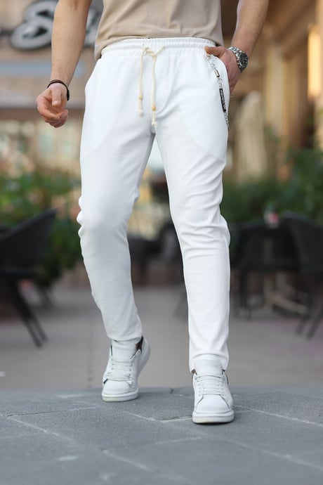 Zincir Detaylı Lastil Bel Örme Desenli Pantolon - Beyaz