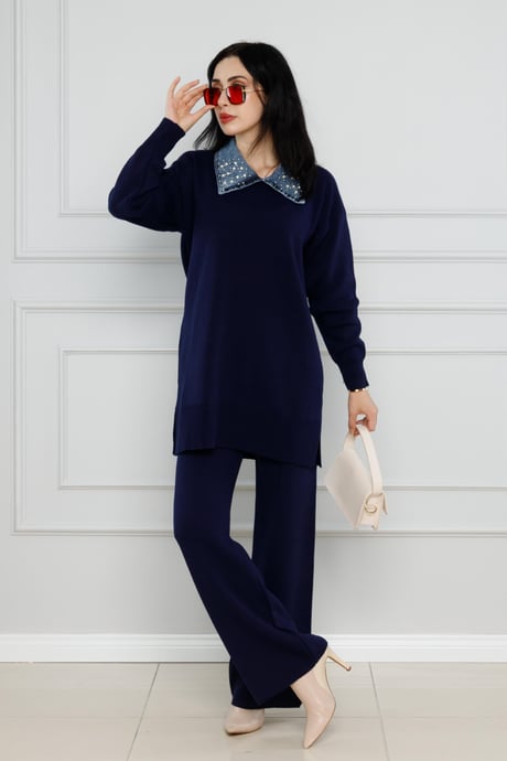 Knitwear with Collar Detailed Pearl Suit-Dark bleu color 