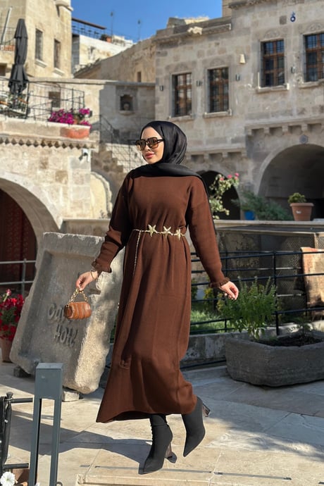 Bacis Yaka Kol Ucu Peluş Triko Elbise