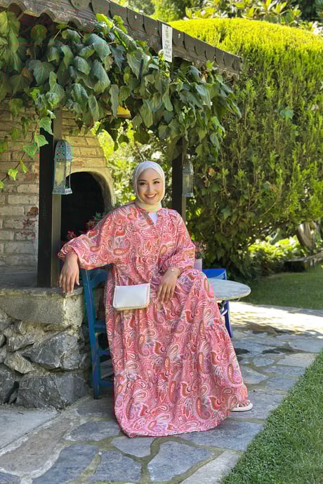Cassime Etnik Desen Elbise Pembe
