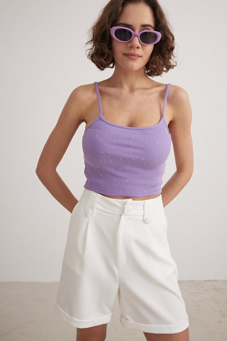 Askılı Taş İşlemeli Crop Atlet LİLA