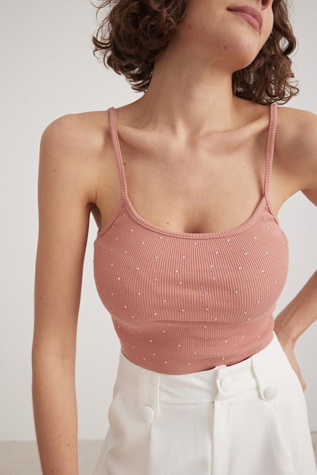 Askılı Taş İşlemeli Crop Atlet PUDRA