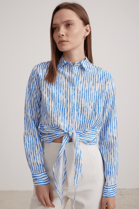 Bağlama Detaylı Crop Kadın Gömlek DESENLİ