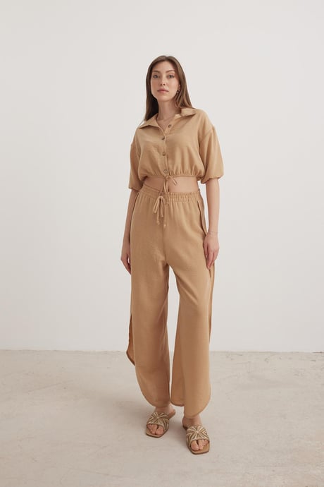 Bel Lastikli Crop Kadın Gömlek BİSKÜVİ