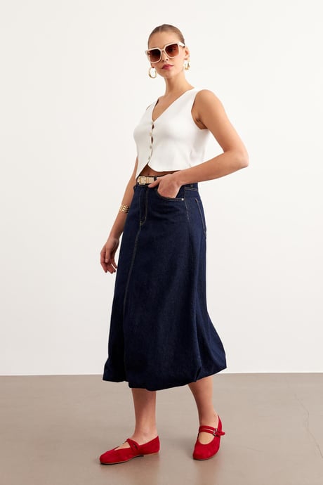 Cep Detaylı Kot Balon Etek RİNS YIKAMA