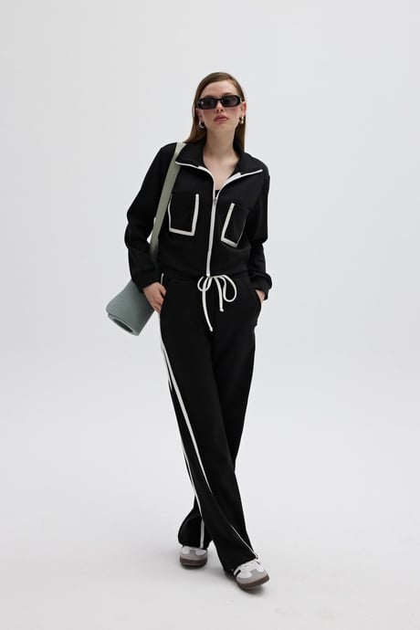 Cep Detaylı Önü Fermuarlı Sweatshirt SİYAH