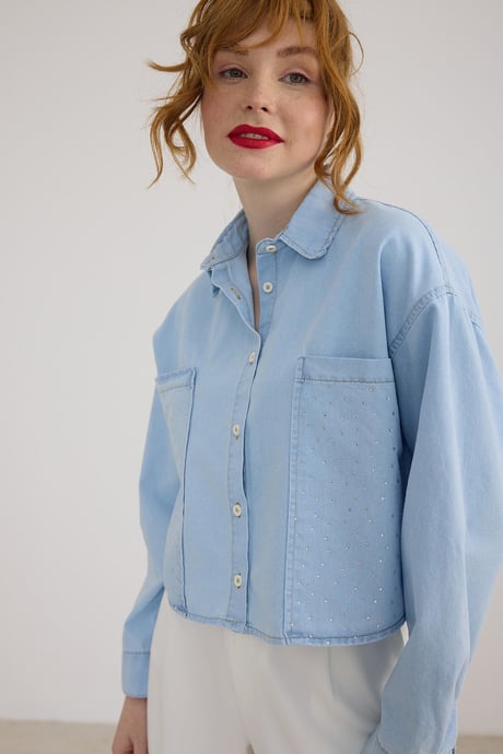 Cep Taş Detaylı Uzun Kollu Kot Gömlek BUZ MAVİ