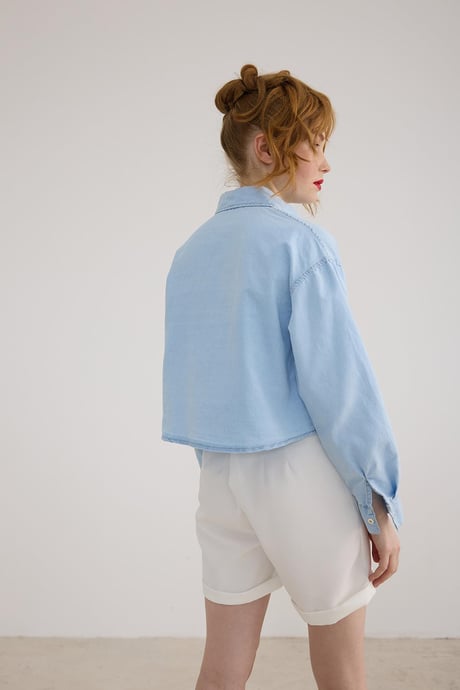 Cep Taş Detaylı Uzun Kollu Kot Gömlek BUZ MAVİ