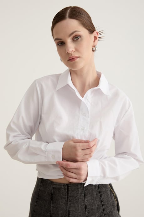 Düğme Detaylı Crop Bağlamalı Gömlek BEYAZ