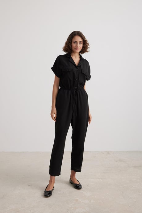 Düğme Detaylı Kadın Salopet SİYAH