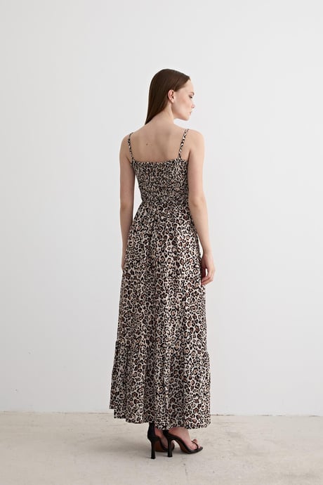 Gipeli Leopar Desenli Askılı Uzun Elbise LEOPAR DESENLİ