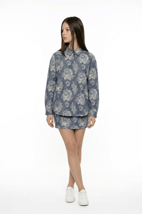 Gül Desenli Oversize Gömlek BLUE
