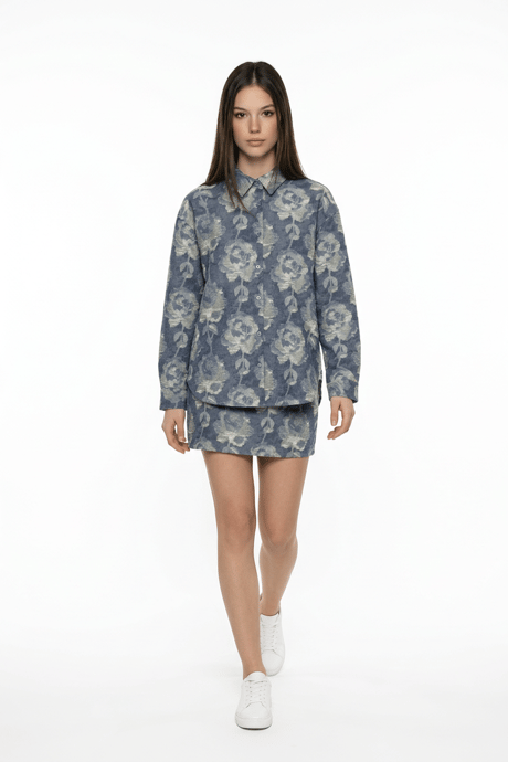 Gül Desenli Oversize Gömlek BLUE