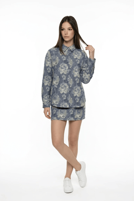 Gül Desenli Oversize Gömlek BLUE