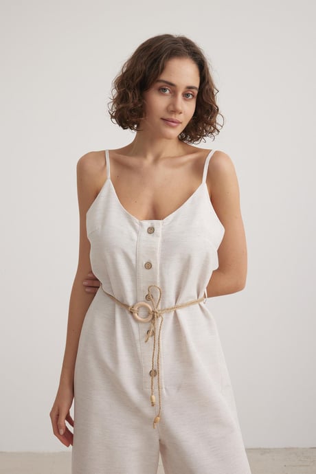 Kadın Askılı Keten Tulum TAŞ