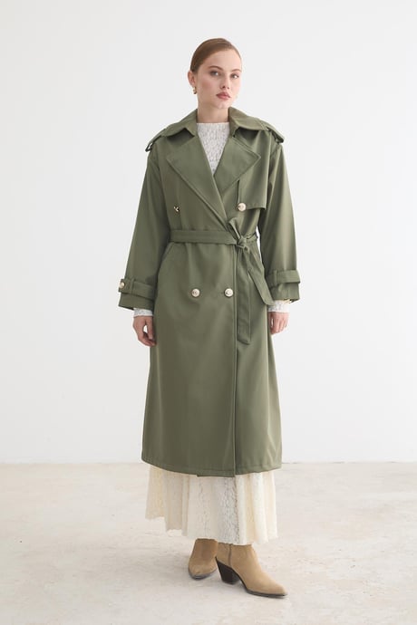 Kadın Bağlamalı Uzun Trençkot HAKİ