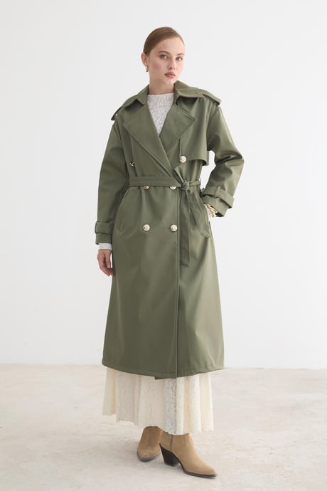 Kadın Bağlamalı Uzun Trençkot HAKİ