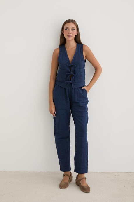 Kadın Beli Kordon Detaylı Desenli Kapitone Pantolon LACİVERT