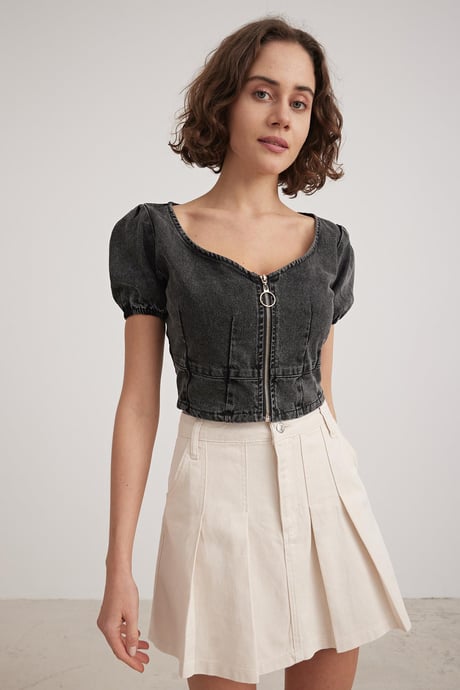 Kadın Fermuarlı Crop Kot Bluz BLACK