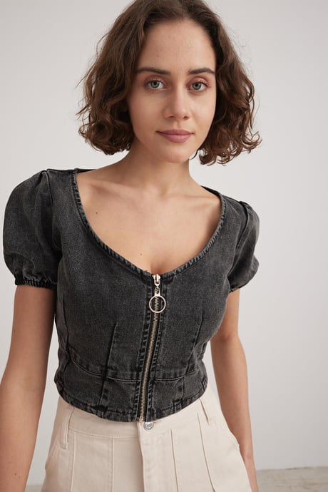 Kadın Fermuarlı Crop Kot Bluz BLACK