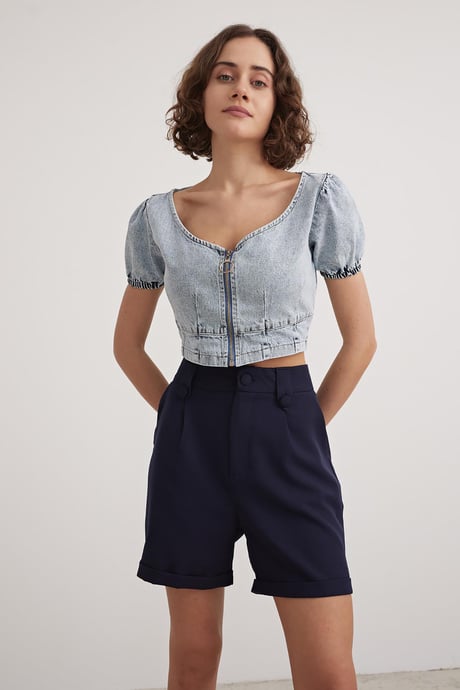Kadın Fermuarlı Crop Kot Bluz BLUE
