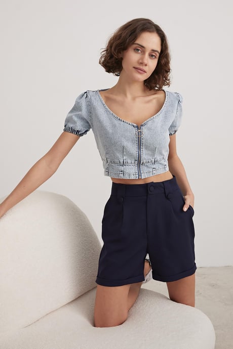 Kadın Fermuarlı Crop Kot Bluz BLUE